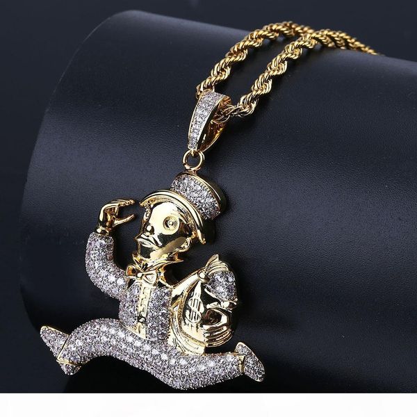 

hip hop iced out cartoon running clown pendant necklace micro paved zircon star gold chain men jewelry, Silver