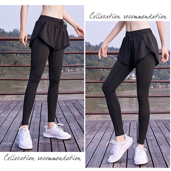 

yoga outfits pants fake 2 pcs high waist gym leggings slim trouser for women sprots whshopping, White;red
