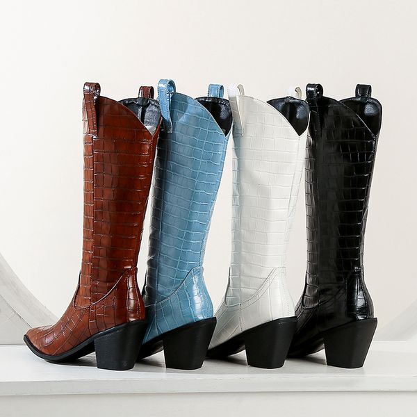 

winter embossed pu leather wedge high heel western cowboy boots for women mid calf long blue white slip on botas shoes 35-43, Black