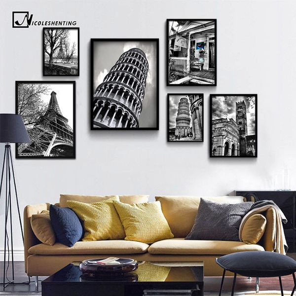 

leaning tower of pisa eiffel tower minimalist art canvas poster black white building wall picture modern home room decoration