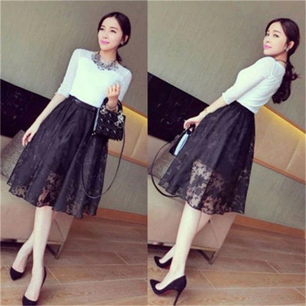 

sweet lady high waist lace midi long skirts lined solid color irregular hem pleated double layer pure mesh party skirt for women, Black