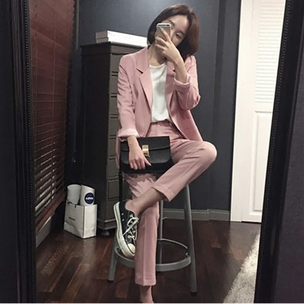 

pure simple boy friend jacket nine length pants dark pink/black elegant attractive female office laday women suit, White