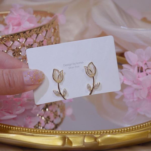 

2020 japan korea fashion jewelry high-end luxury shiny copper inlaid zircon opal elegant tulip stud earrings for women, Golden;silver