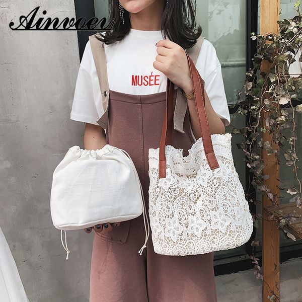 

ainvoev 2020 new handbag wild shoulder bag women handbag big capacity foldable travel beach bag 2 pcs/sets lace shoulder