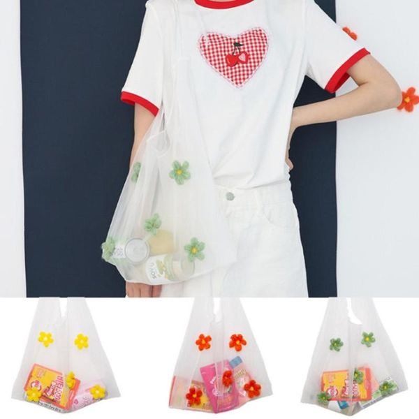

summer women mesh shoulder bags casual fresh flower embroidery tote handbag bohemia travel eco fruit shopping bag purse for girl