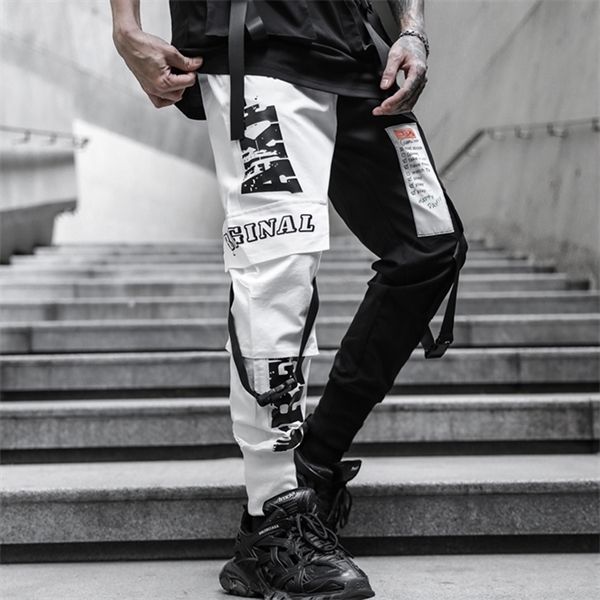 

streetwear ribbons joggers men pants 2020 mens harem pants hip hop summer casual patchwork sweatpants ankle-length men trousers, Black