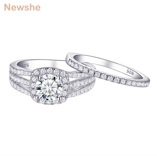 

newshe 2 pcs wedding ring set classic jewelry solid 925 sterling silver engagement rings for women 2ct round white cz size 5-10, Golden;silver