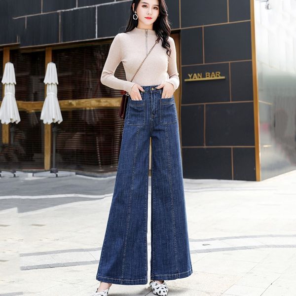 

real s2020 new fashion your women's high waist jeans autumn and winter thin wide feet pants large size horn mopping trousers, Blue