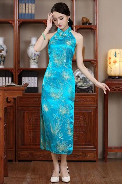 

fashion light blue satin long halter cheongsam elegant china backless costume dress size s  l xl xxl mujer vestido jy028--1, Red