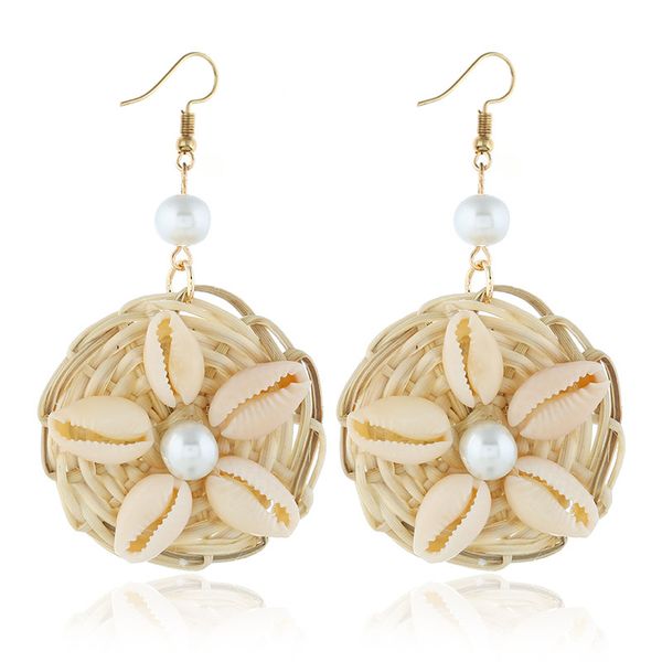 

dangle & chandelier handmade rattan knit oval drop earrings simulated pearl seashell large dangles wooden bamboo earring, Silver