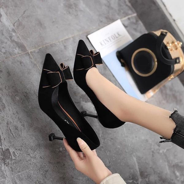 

european and american fashion bow heels 2020 spring new fine heel pointed shallow temperament single shoes women, Black
