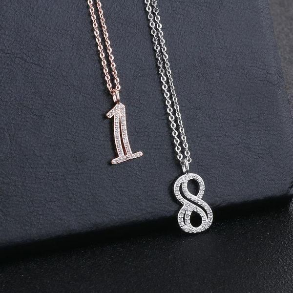 

4pcs new copper zircon lucky number necklace women rose gold necklace friend gift 0 to 9 collares clavicle chain jewelry, Silver