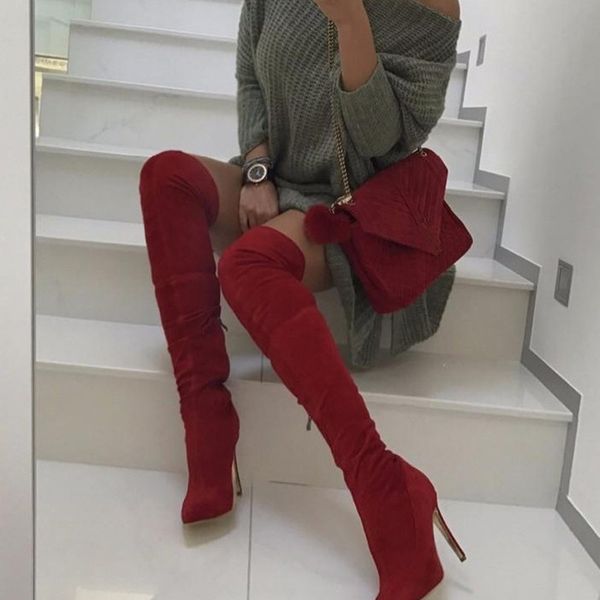 

women high heels over the knee boots autumn winter pointed toe stiletto ladies shoes black red thigh high long boots