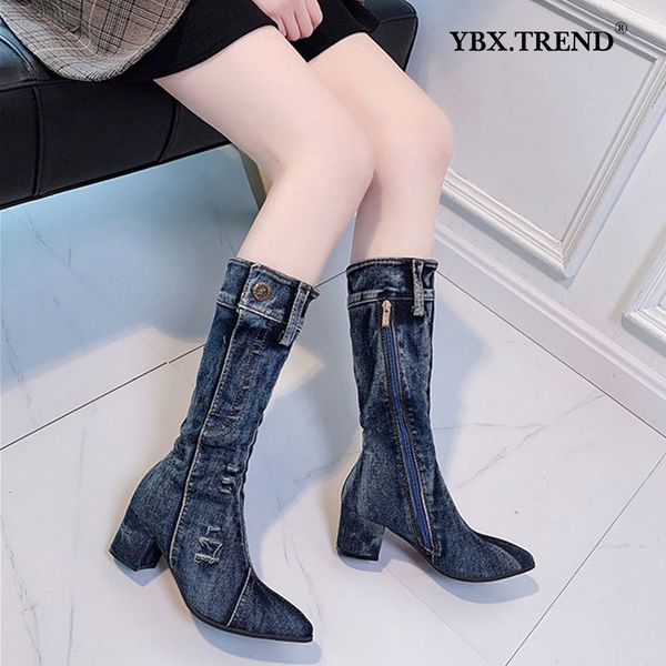 

2020 woman mid calf boots women zipper cloth boots ladies sewing distressed button shoes female footwear new arrival fashion, Black