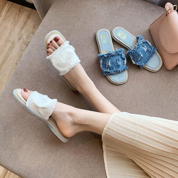 

slippers women 2020 fashion denim vintage stitching flat sandals female flip flops beach outdoor slides shoes tata6-30, Black