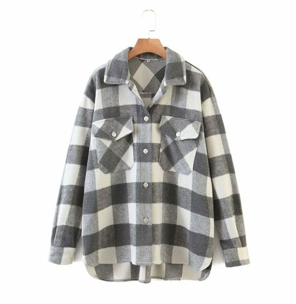 

zxqj streetwear women grey plaid thick shirts 2020 autumn fashion ladies pocket shirt female chic loose casual girls blouses, White