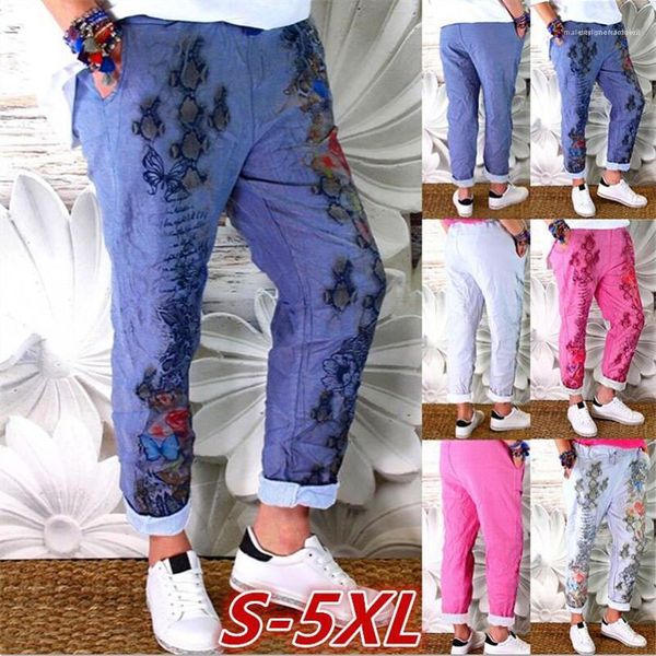 

size femme trousers floral womens pants rose printed loose mid waist long womens pants casual plus, Black;white