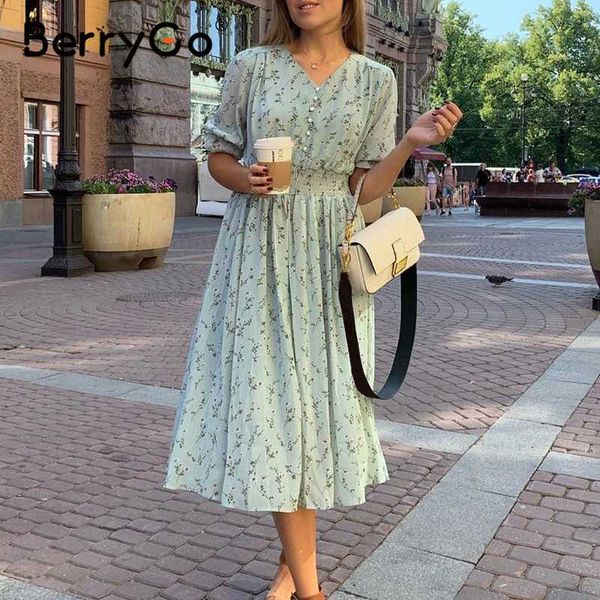 

berrygo women floral print dress summer elegant short sleeve a line v neck dress high waist work wear office lady midi, Black;gray