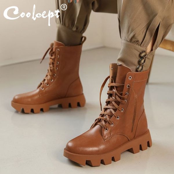 

coolcept women real leather boots new winter warm ankle boots women lace up short fashion casual footwear size 34-39, Black