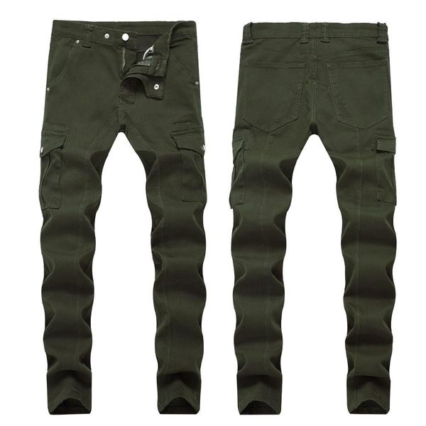 

new biker jeans men's fashion slim denim trouser straight male pants multi-pocket plus size 42, Blue