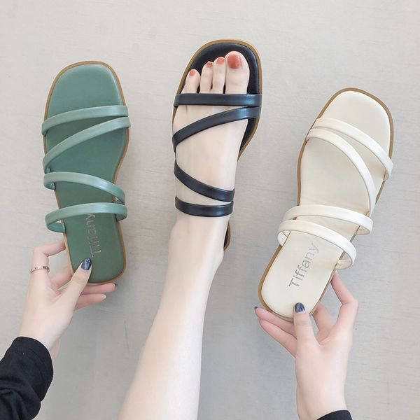 

2020 new women summer sandals slip-on comfortable slippers ladies solid color square heel beach casual sewing shoes, Black