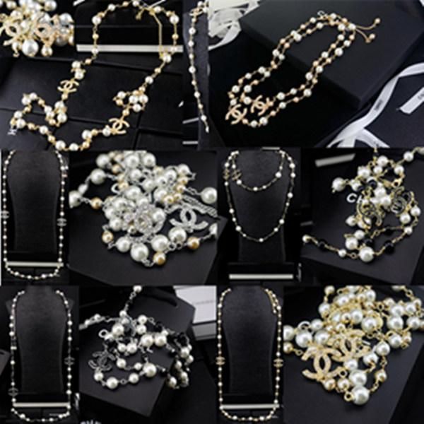 

fashion metal letter diamond necklace luxury pearl chains necklaces brand design letter pearl necklaces jewelry with box, Silver