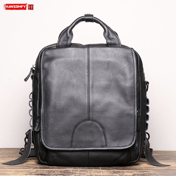 

new men's genuine leather backpack hand bag soft black real-leather shoulder bag men large capacity computer backpack flap