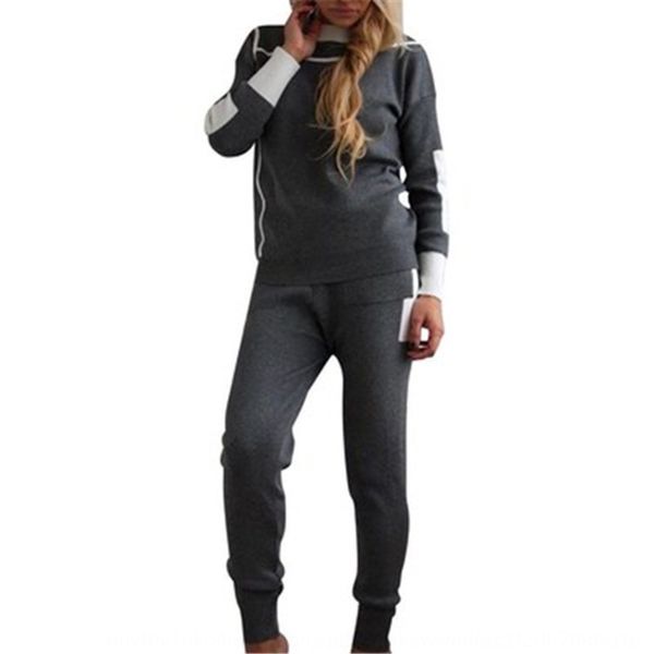 

fashion color matching knitted pants casual women fashion color matching knitted pullover pullover pants casual suit women suit foem9, Gray