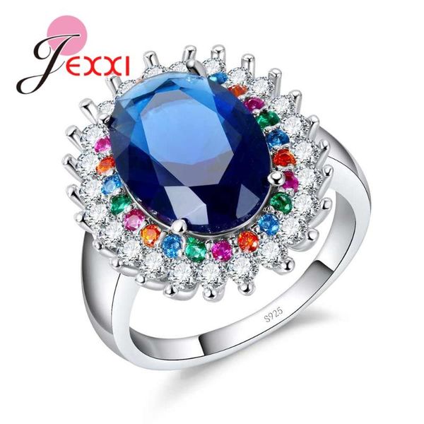 

shiny oval dark blue crustal jewelry paved full rainbow rhinestone elegant flower ring for women girls 925 sterling silverbijoux, Golden;silver