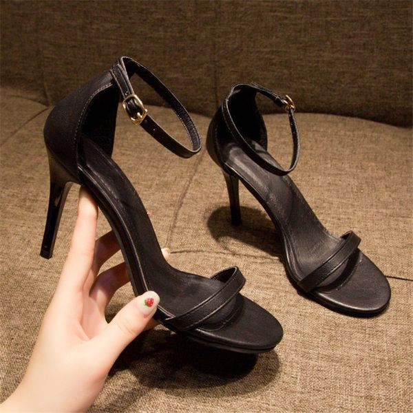 

word buckle sandals women 2020 summer new fairy style small wild high heels fine heel fashion shoes women sandals, Black