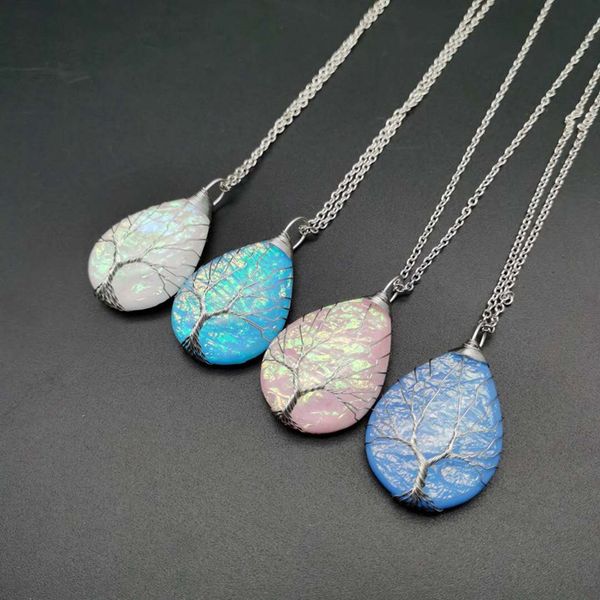 

tree of life pattern colorful waterdrop stone pendant necklace jewelry for women copper wire winding, Silver
