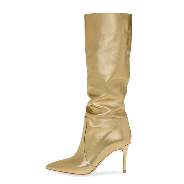 

stunning2020 gold pu pale pointed toe stiletto heel mid-calf boots winter chengdu fashion women's shoes, Black
