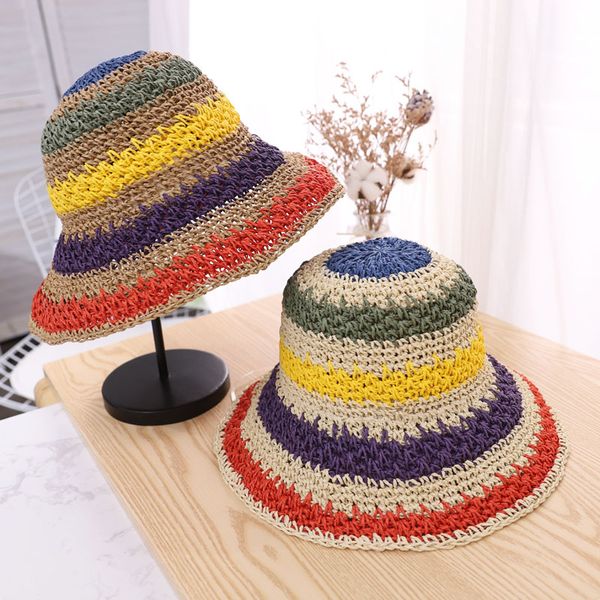 

2020 summer women's bucket straw hat colorful striped foldable women beach sun hats chapeau femme panama sombrero mujer, Blue;gray