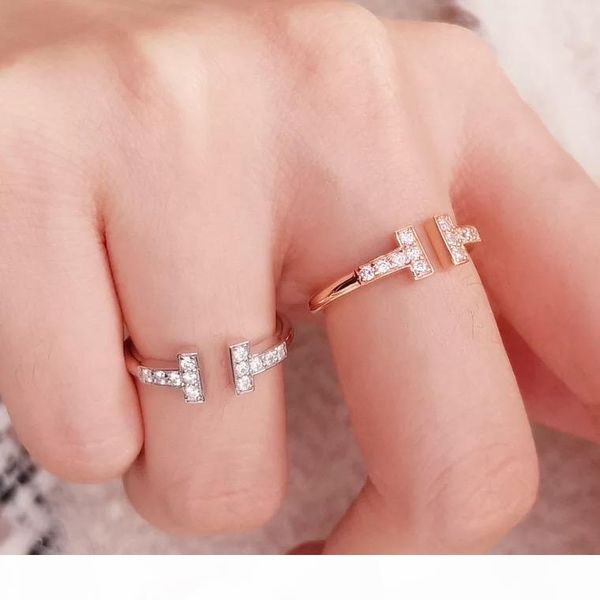 

2019 spring and summer new listing europe and america simple double t diamond ring s925 sterling silver t word opening diamond ring female