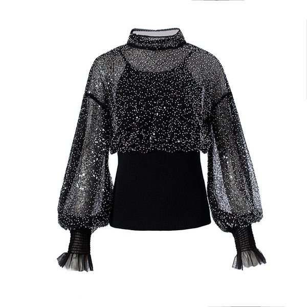 

heavy industry nail beads sequins knitting splicing mesh perspective top, White;black