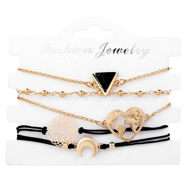 

triangle black love map hand rope party bracelet five piece suit anklet suitable for men women, Golden;silver