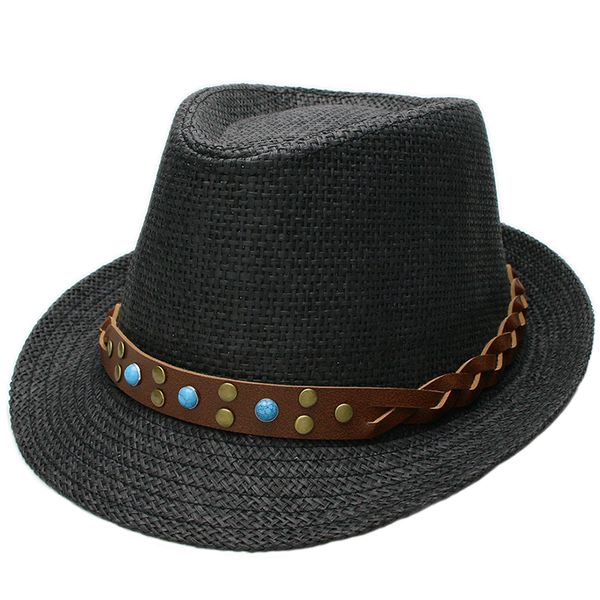 

luckylianji men women fashion turquoise leather band summer casual travel vacation party panama jazz straw fedora hat sun cap, Blue;gray