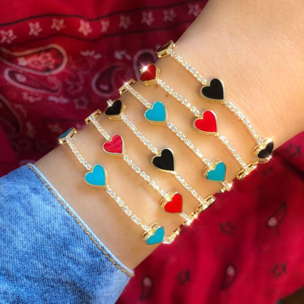 

cute lovely enamel heart charm cz tennis chain bracelet bangle for lover women fashion jewelry 15+4cm extend chain, Black
