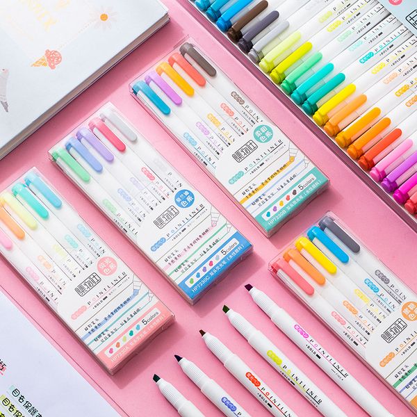 

5pcs/25pcs fluorescent color point liner pen set soft touch dual-side fine line bold marker art pens drawing highlight a6011, Black;red