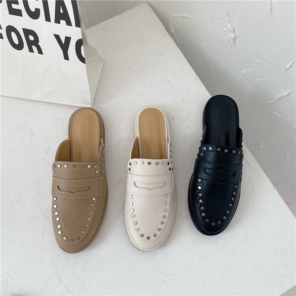 

slippers 2021 chunky heels slipper women slip on mules rivet slide round toe shoes casual loafers flip flops patchwork zapatos de mujer, Black
