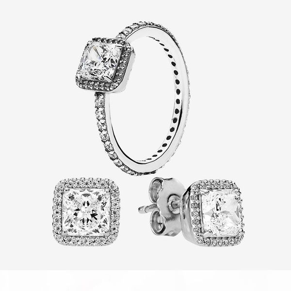 

wedding ring & earring sets authentic 925 silver jewelry for pandora square cz diamond elegant rings stud earrings with original box, Slivery;golden