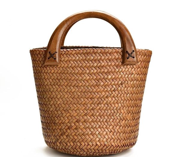 

handmade wood handle straw bag vintage woven handbags seaside vacation bag rattan02