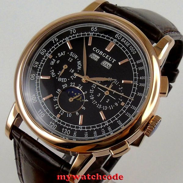 

42mm corgeut black dial day moon phase automatic mens watch rose golden plated case multifunction function 206, Slivery;brown