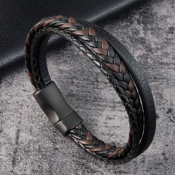 

multi layer leather charm bracelet men stainless steel maginetic clasp bangle punk fashion casual braided wristband male jewelry, Golden;silver