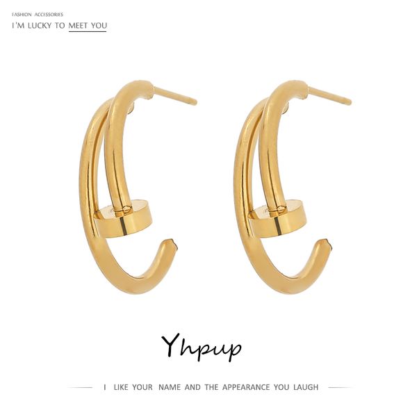 

stud yhpup minimalist stainless steel metal earrings for women luxury rhinestone jewelry stylish irregular geometric gold, Golden;silver