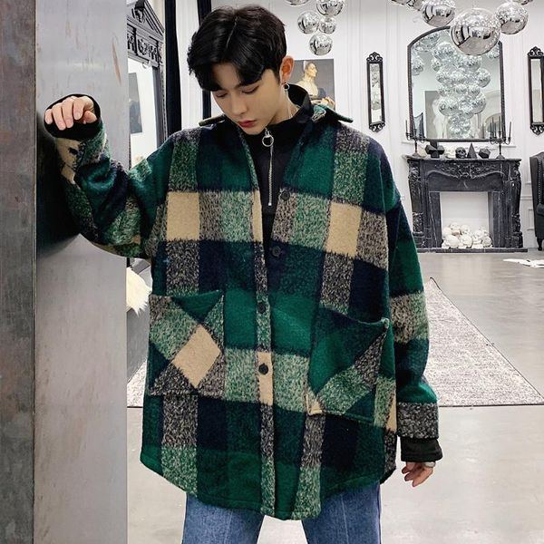 

men's casual shirts autumn long sleeve button down vintage mens camicia uomo lattice loose coat plaid shirt men, White;black