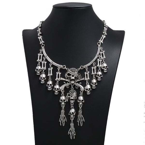 

chokers gothic punk multi-layer skull necklace 2021 women vintage exaggerated alloy skeleton ghost hand halloween statement, Golden;silver