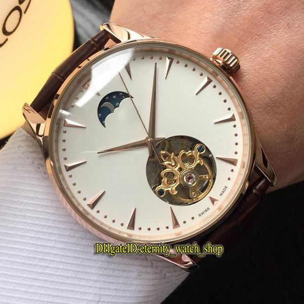 

6 style new master ultra thin 1322410 white moon phase dial big tourbillon automatic mens watch rose gold case leather strap casual watches, Slivery;brown