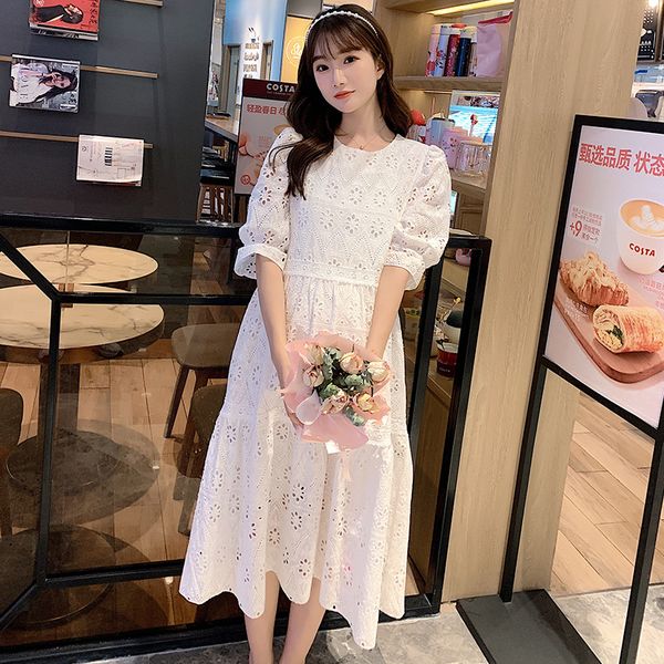 

white summer maternity dress 5 point trumpet sleeves o-neck mid-length cotton korean hollow out large size maternity clothings