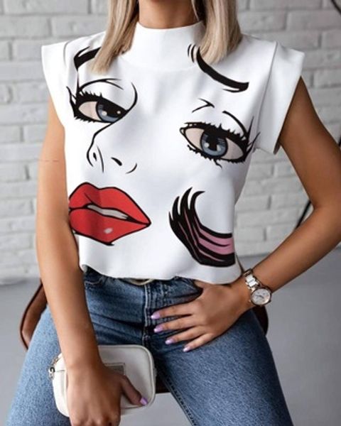 

womens casual tank fashion lip patterm tees 2020 womens new camis character illustration printing cropped 11 styles summer new, White